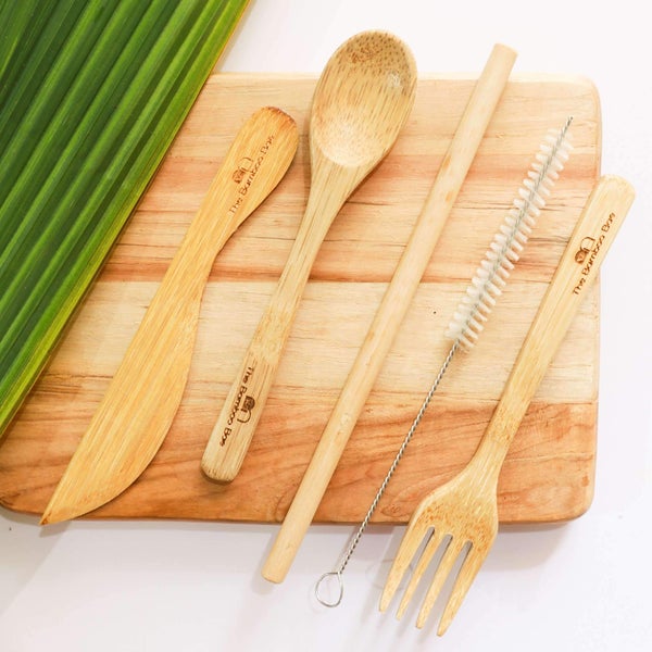 Bamboo Cutlery | Handmade & Eco Friendly Reusable Travel Cutlery | Set of Spoon, Fork, Knife, Straws with Cleaner & Cotton Pouch