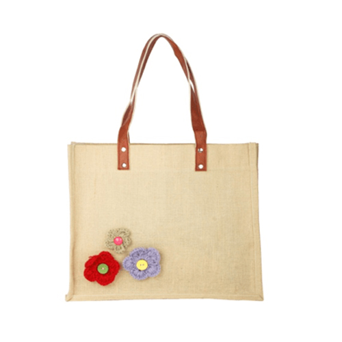 Tote Bag – Juco Tote Bag with Crochet Flower, Leather Handle