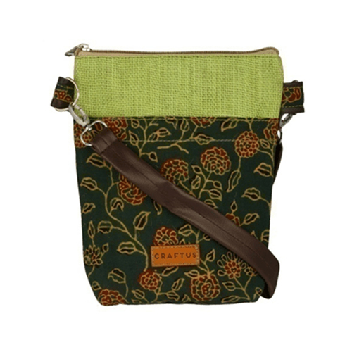 Sling Bag – Jute Handloom Sling Bag with Leather Shoulder Handle – Green